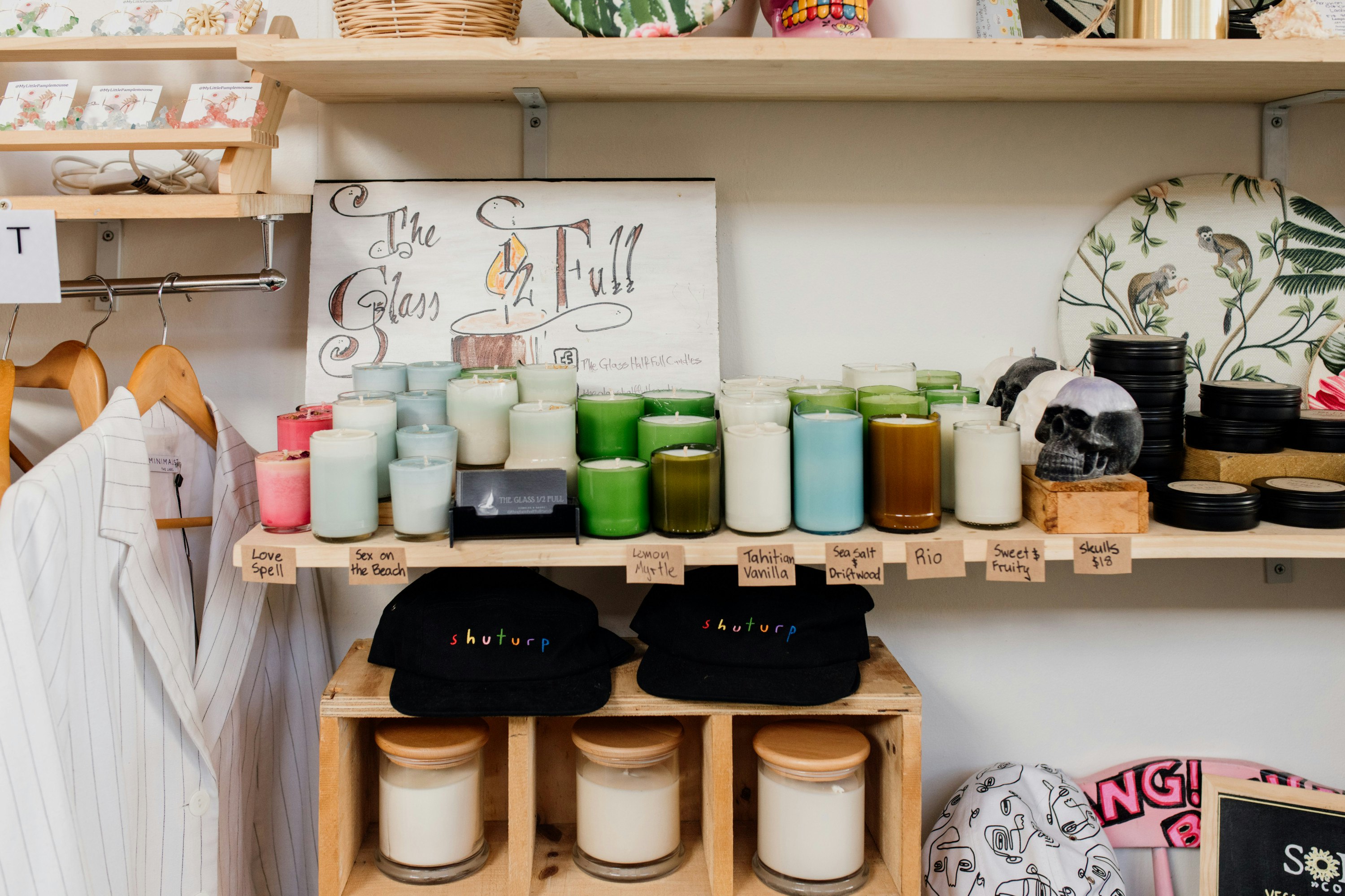 a shelf of homeware trinkets